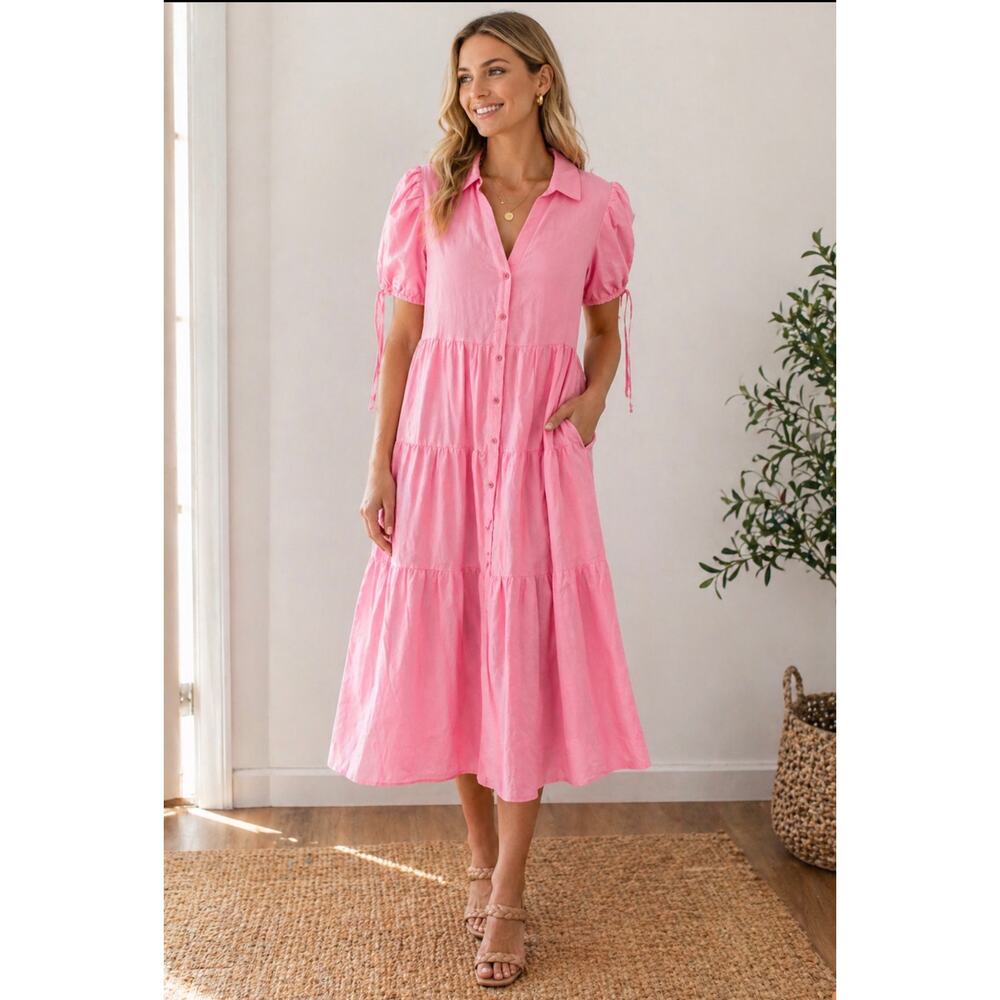 English Factory Pink Tiered Midi Dress Puff Sleeve Button Front NWT Size M